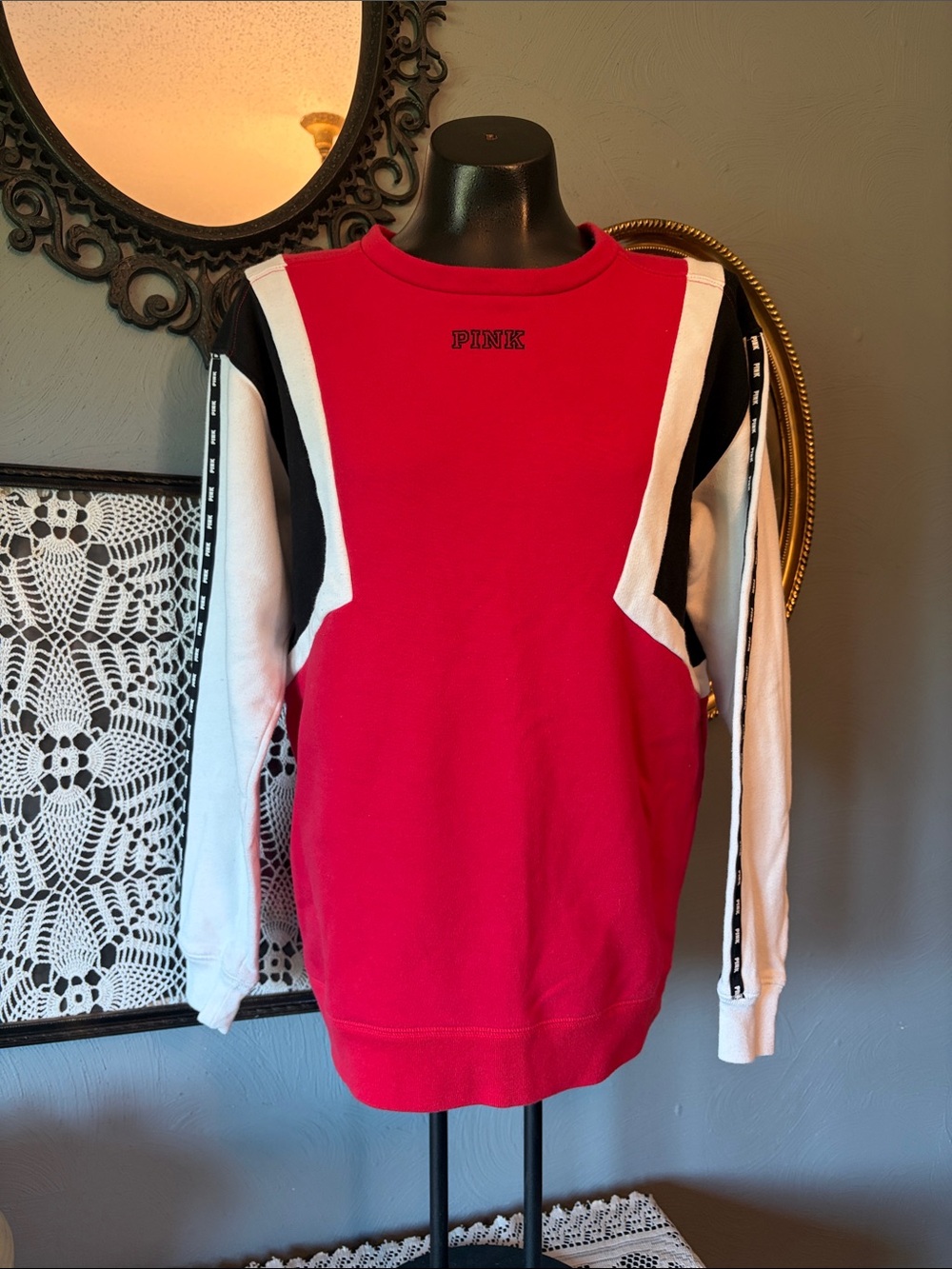 PINK Red Crewneck Sweatshirt with Black Logo